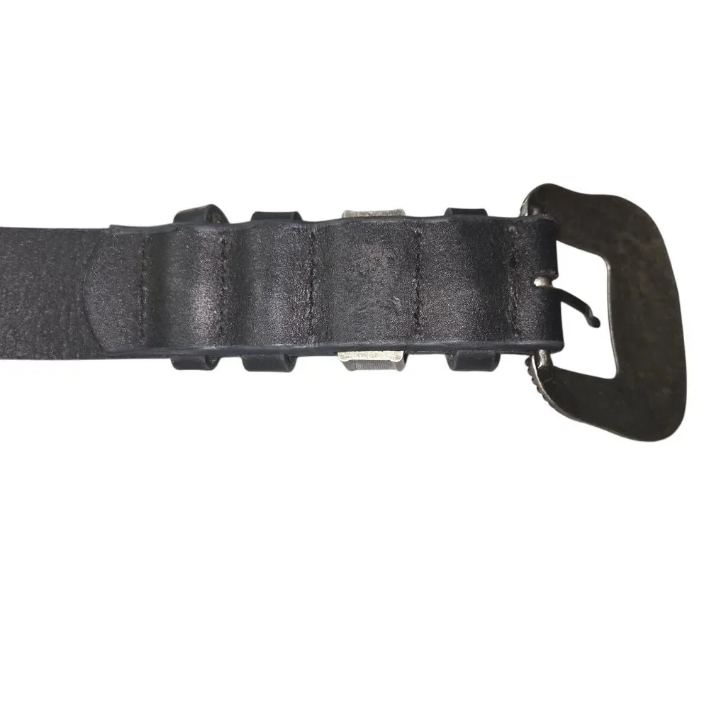 Black Leather Western Belt with Silver Rhinstone Embellished Buckle Size Large